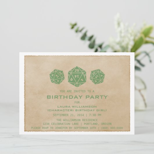 Green Grunge D20 Dice Gamer Birthday Party Invite Kaart (Staand voorkant)