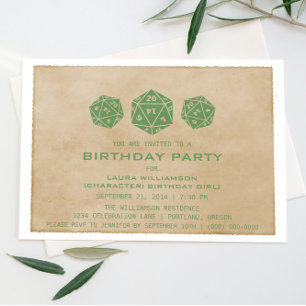 Green Grunge D20 Dice Gamer Birthday Party Invite Kaart