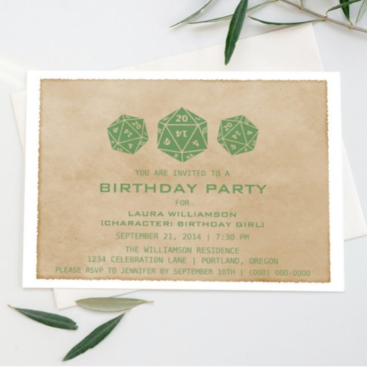 Green Grunge D20 Dice Gamer Birthday Party Invite Kaart
