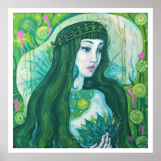 Green Hair Mermaid Underwater Fantasy Surreal Art Poster (Voorkant)