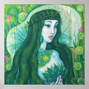 Green Hair Mermaid Underwater Fantasy Surreal Art Poster