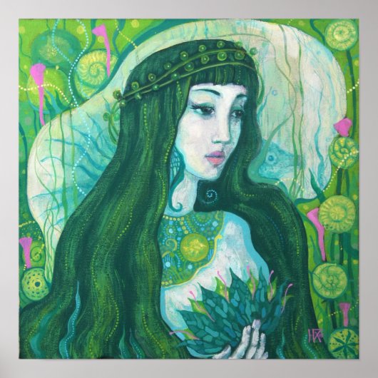 Green Hair Mermaid Underwater Fantasy Surreal Art Poster (Voorkant)