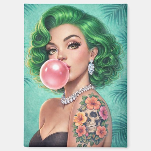 Green-Haired Bubblegum Pin-Up Girl Magnet – Retro  (Voorkant)