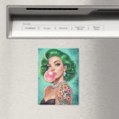 Green-Haired Bubblegum Pin-Up Girl Magnet – Retro  (Insitu (Vaatwasser))