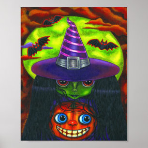 Green Halloween Pumpkin Witch Big Eyes Poster