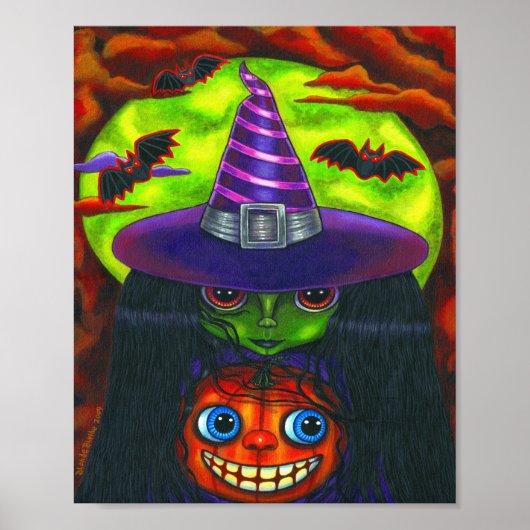 Green Halloween Pumpkin Witch Big Eyes Poster (Voorkant)