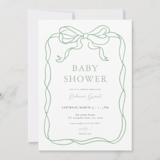 Green Hand Drawn Bow Baby shower Uitnodiging (Voorkant)