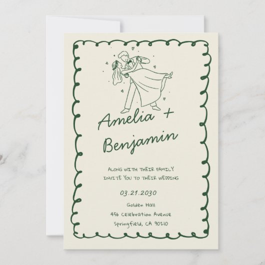 green hand drawn couple Whimsical Wedding Kaart (Voorkant)