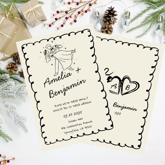 green hand drawn couple Whimsical Wedding  Kaart