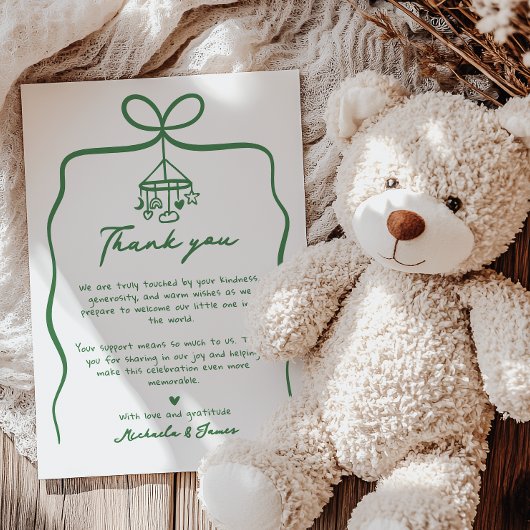 Green Hand Drawn Doodle Bow Whimsical Baby shower Bedankkaart