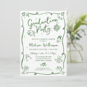 Green Hand Drawn Doodle Graduation Fun White Party Kaart (Staand voorkant)