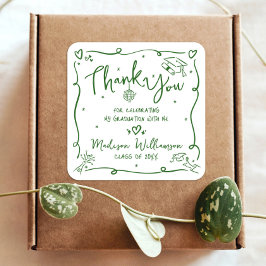 Green Hand Drawn Doodle Graduation Thank You White Vierkante Sticker
