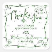 Green Hand Drawn Doodle Graduation Thank You White Vierkante Sticker (Voorkant)