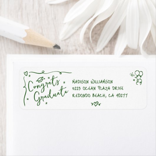 Green Hand Drawn Doodle Graduation White Address Etiket (Insitu)