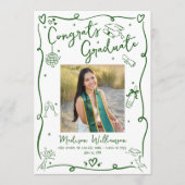 Green Hand Drawn Doodles Graduation 4 Photo White Aankondiging (Voorkant)
