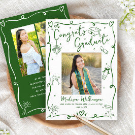 Green Hand Drawn Doodles Graduation 4 Photo White Aankondiging