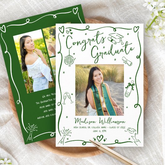 Green Hand Drawn Doodles Graduation 4 Photo White Aankondiging
