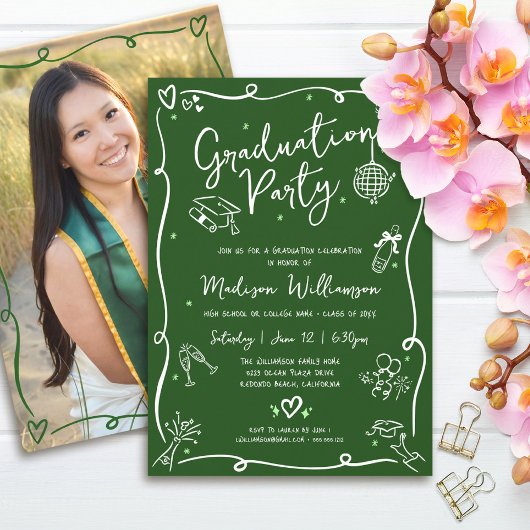 Green Hand Drawn Doodles Photo Graduation Party Kaart