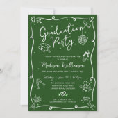 Green Hand Drawn Doodles Style Graduation Party Kaart (Voorkant)