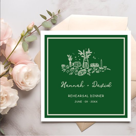  Green Hand Drawn Modern Rehearsal Dinner Wedding Servet