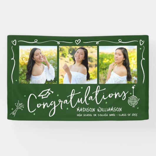 Green Hand Drawn Style Doodles Graduation 3 Photo Spandoek (Horizontaal)