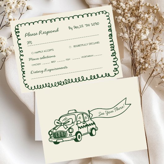 green hand drawn Whimsical Wedding RSVP Kaartje
