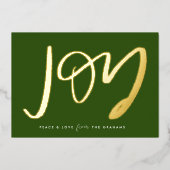 Green Hand-Lettered Joy Gold Foil Holiday Kaart (Voorkant)