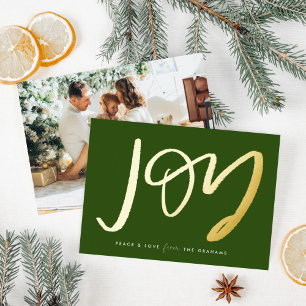 Green Hand-Lettered Joy Photo Gold Folie Feestdagenkaart