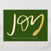 Green Hand-Lettered Joy Photo Gold Folie Feestdagenkaart (Voorkant)