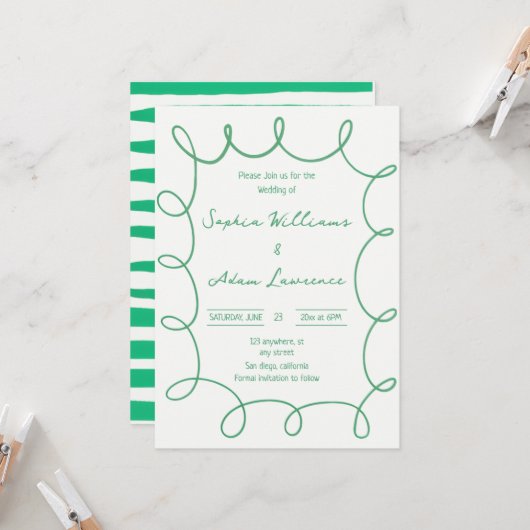 Green Hand Written Pinstripe Whimsical Wedding Kaart (Voorkant / Achterkant in situ)