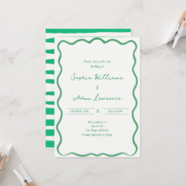 Green Hand Written Pinstripes Whimsical Wedding Kaart