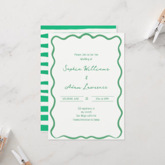 Green Hand Written Pinstripes Whimsical Wedding Kaart