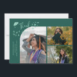 Green Hand Written Thank You Multi Photo Aankondiging<br><div class="desc">Modern and whimsical graduation announcement photo card featuring 3 photos on the front and 1 on the back. The text says "Thank You" with twinkling stars. Add the graduate's name,  information,  and message to personalize this card. Green.</div>