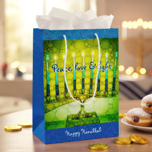 Green Hanukkah Menorah Peace Love Light Script Medium Cadeauzakje