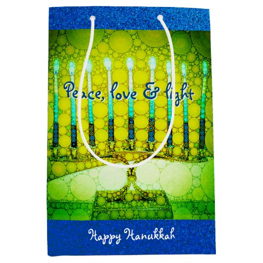 Green Hanukkah Menorah Peace Love Light Script Medium Cadeauzakje (Voorkant)