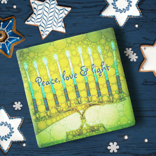 Green Hanukkah Menorah Peace Love Light Script Stenen Onderzetter