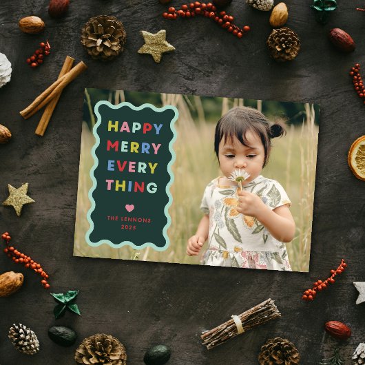Green Happy Merry Wavy Christmas Photo Card Kaart