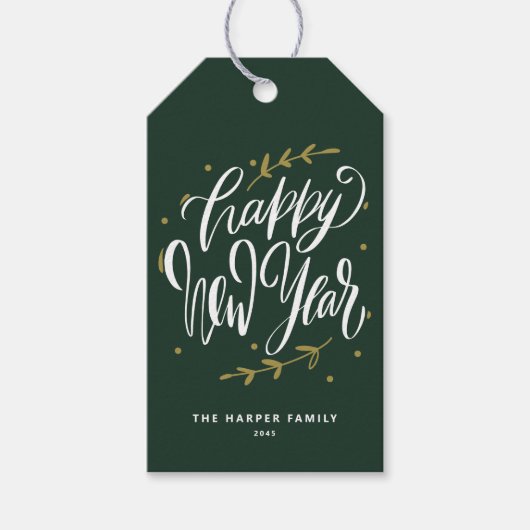 Green Happy New Year Modern Calligraphy Wreath Cadeaulabel (Voorkant)