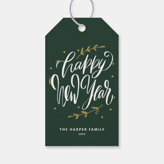 Green Happy New Year Modern Calligraphy Wreath Cadeaulabel (Achterkant)