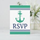 Green Heart Anchor Monogram Wedding RSVP Kaartje (Staand voorkant)