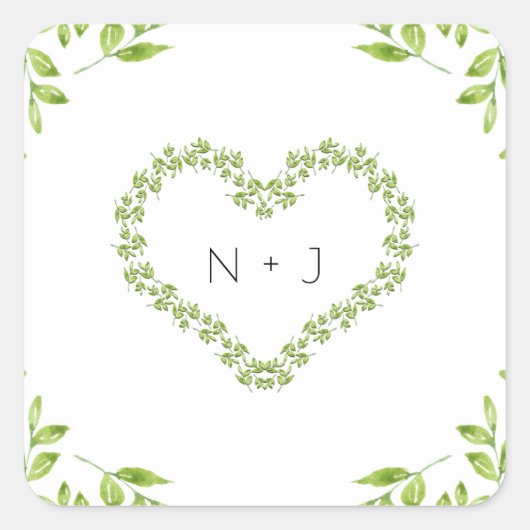 Green Heart Leaves Shabby Chic Greenery Wedding Vierkante Sticker (Voorkant)