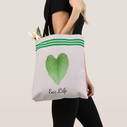 Green Heart Shape Leaf op beige Canvas tas (Dichtbij)