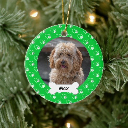 Green Hearts Paws Custom Pet Puppy Dog Foto Keramisch Ornament (Boom)