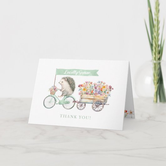 Green Hedgehog Baby shower Bedankt Card – Floral (Voorkant)