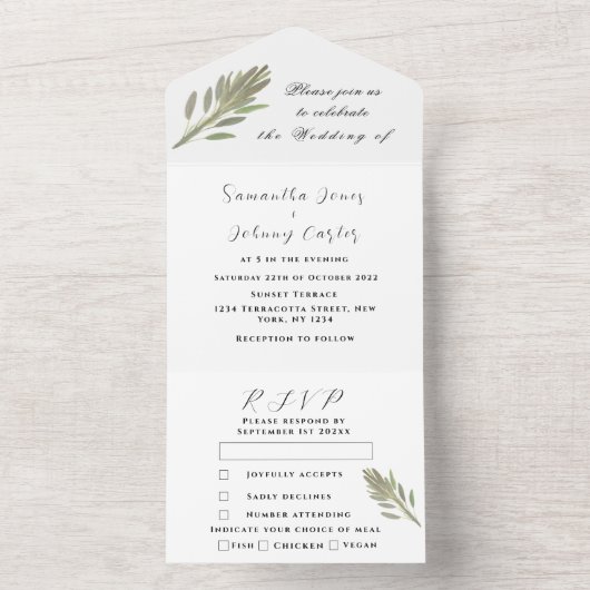 Green Herbs Waterverf Greenery Sage Wedding All In One Uitnodiging (Binnen)