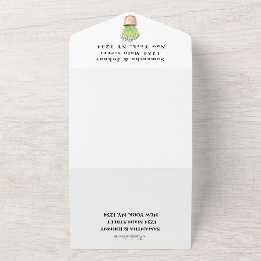 Green Herbs Waterverf Lavender Wedding All In One Uitnodiging (Buitenkant)