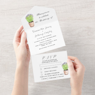 Green Herbs Waterverf Lavender Wedding All In One Uitnodiging