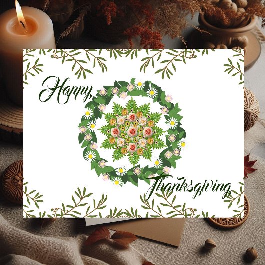 Green Herfst Wreath Flora laat Happy Thanksgiving  Feestdagenkaart