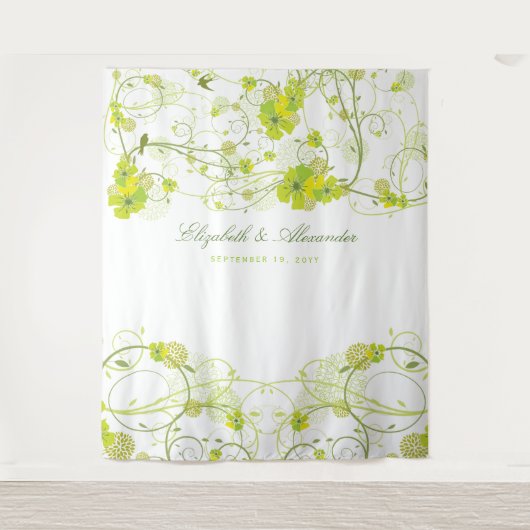Green Hibiscus & Swallows Floral Wedding Backdrop Wandkleed (Voorkant)