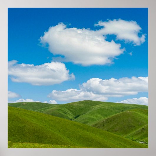 Green Hills with Blue Skies and White Clouds Poster (Voorkant)